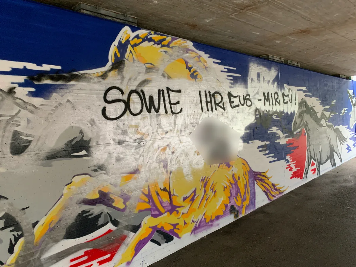 13954077-7 Die Einhörner bei der Zwinggartenstrasse wurden von Unbekannten verschmiert. Das Fussballklub-Tag wurde von der Redaktion verpixelt.