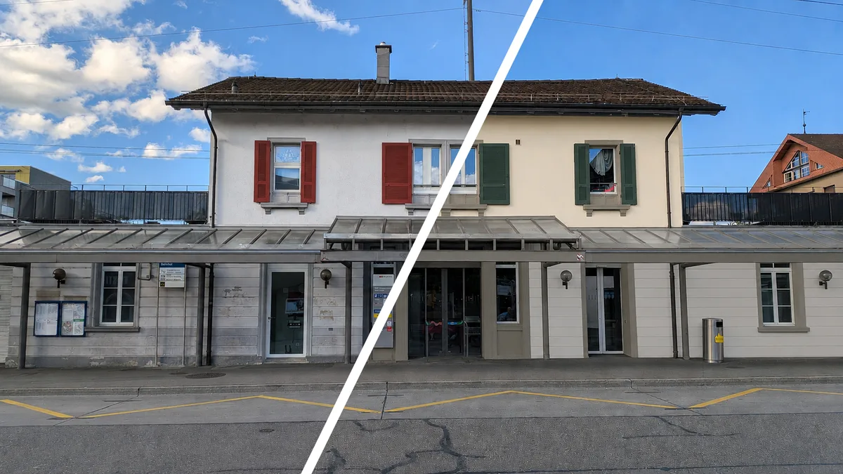 Links das Bahnhofsgebäude im aktuelle Zustand, rechts eine mithilfe von KI generierte fotorealistische Visualisierung des sanierten Gebäudes.