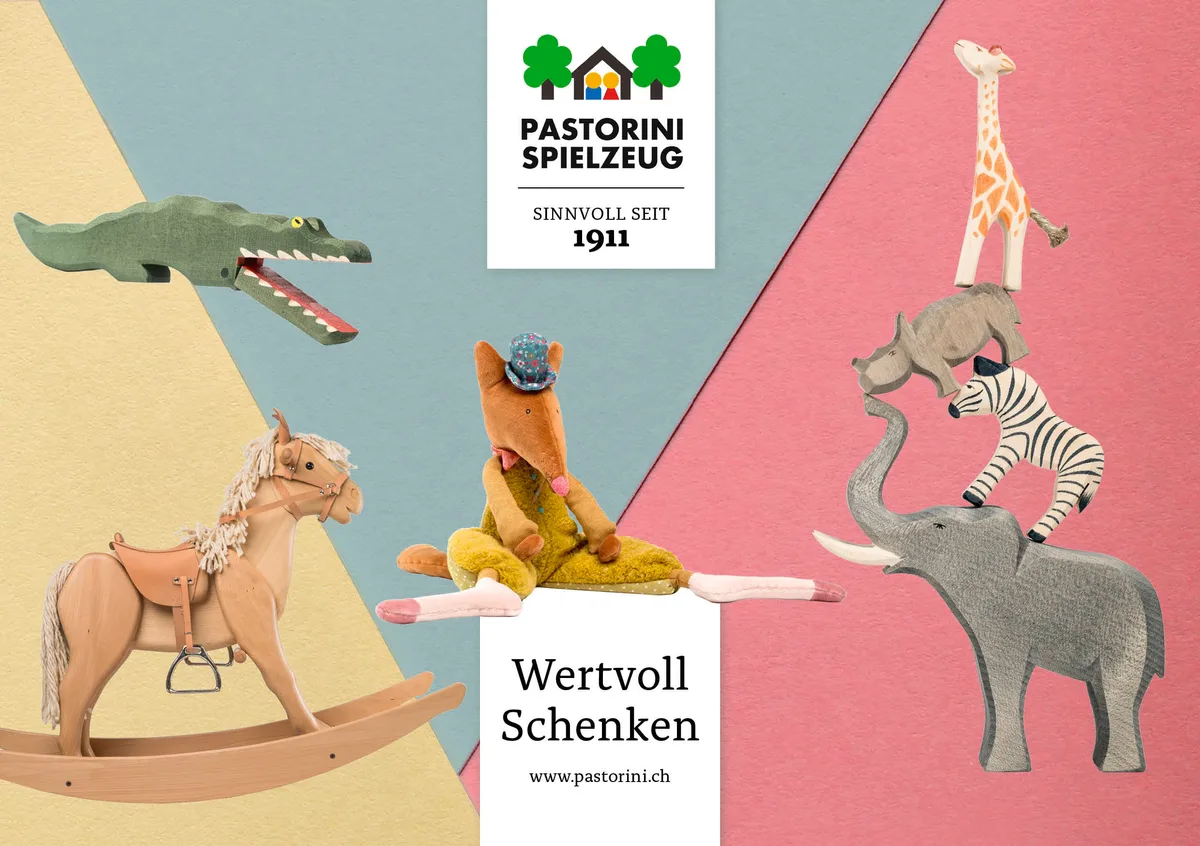 Eine Palette von Holzspielzeugen auf einem Werbeplakat.