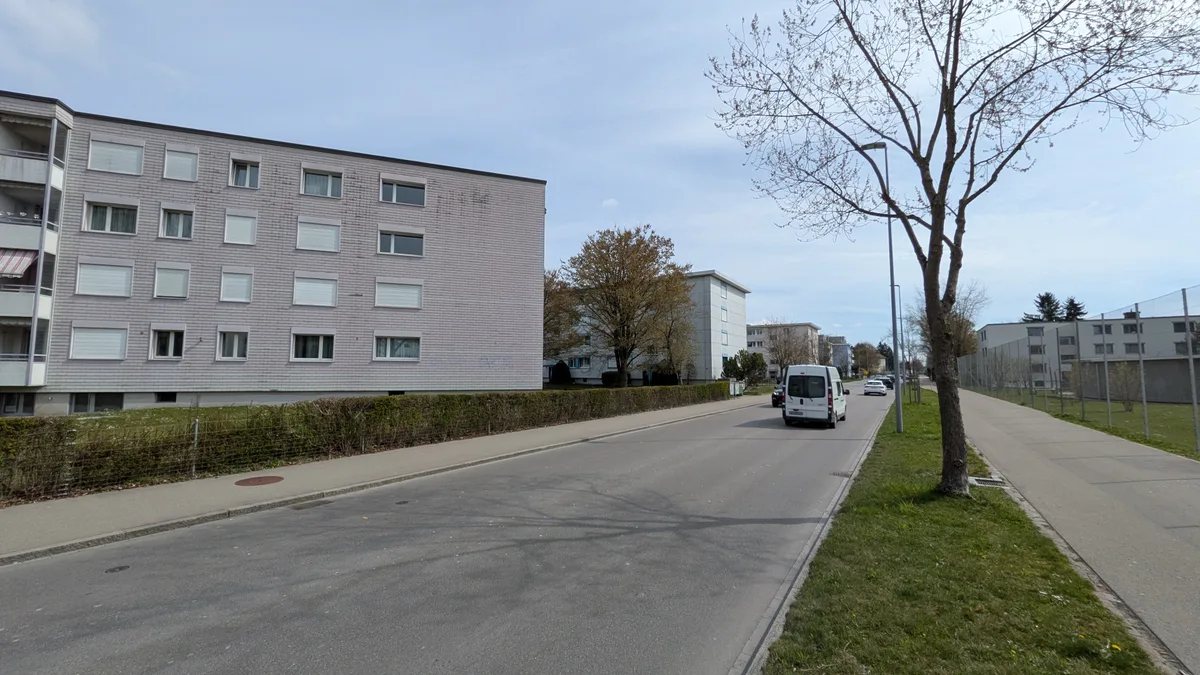 Wenn auf diesen Parzellen entlang der Höglerstrasse (links) neu und mit maximaler Ausnützung gebaut wird, kann die Stadt nun einen Anteil günstiger Wohnungen einfordern. Blick auf eine Strasse mit Wohnblocks und Autos.