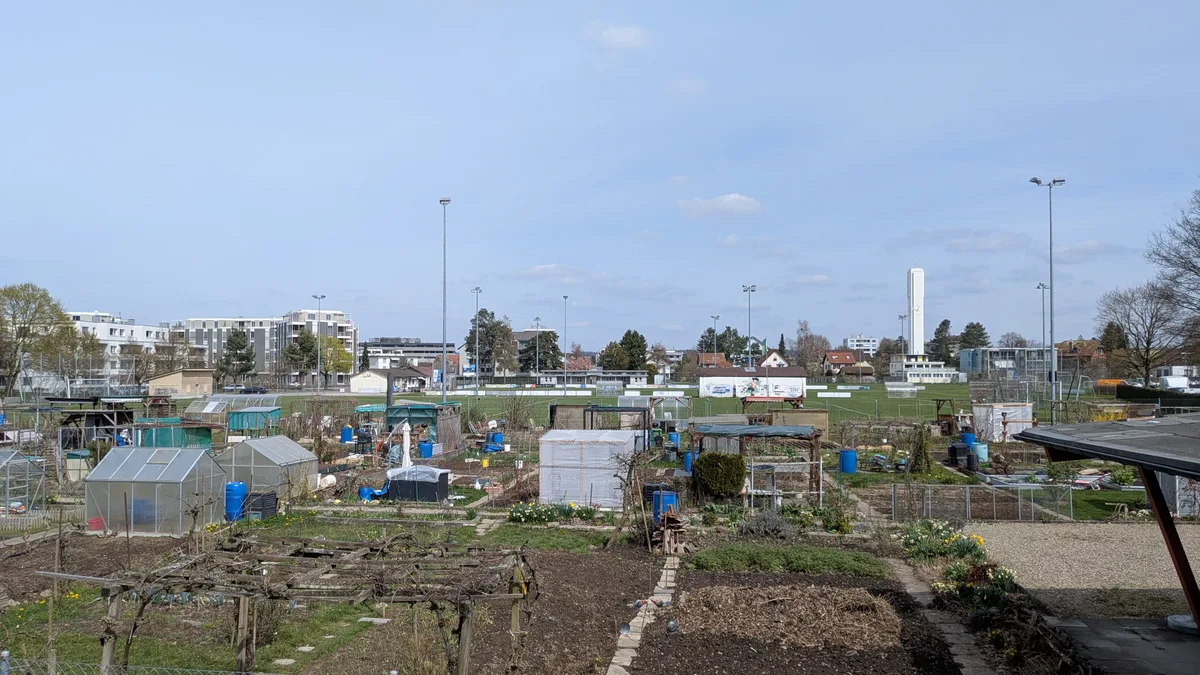 Auf dem Zelgliareal gibt es aktuell mehrere Fussballplätze und Familiengärten. Der Stadtrat will diese mittelfristig durch einen Park für alle ersetzen. Blick auf Familiengärten und einen Fussballplatz im Hintergrund.