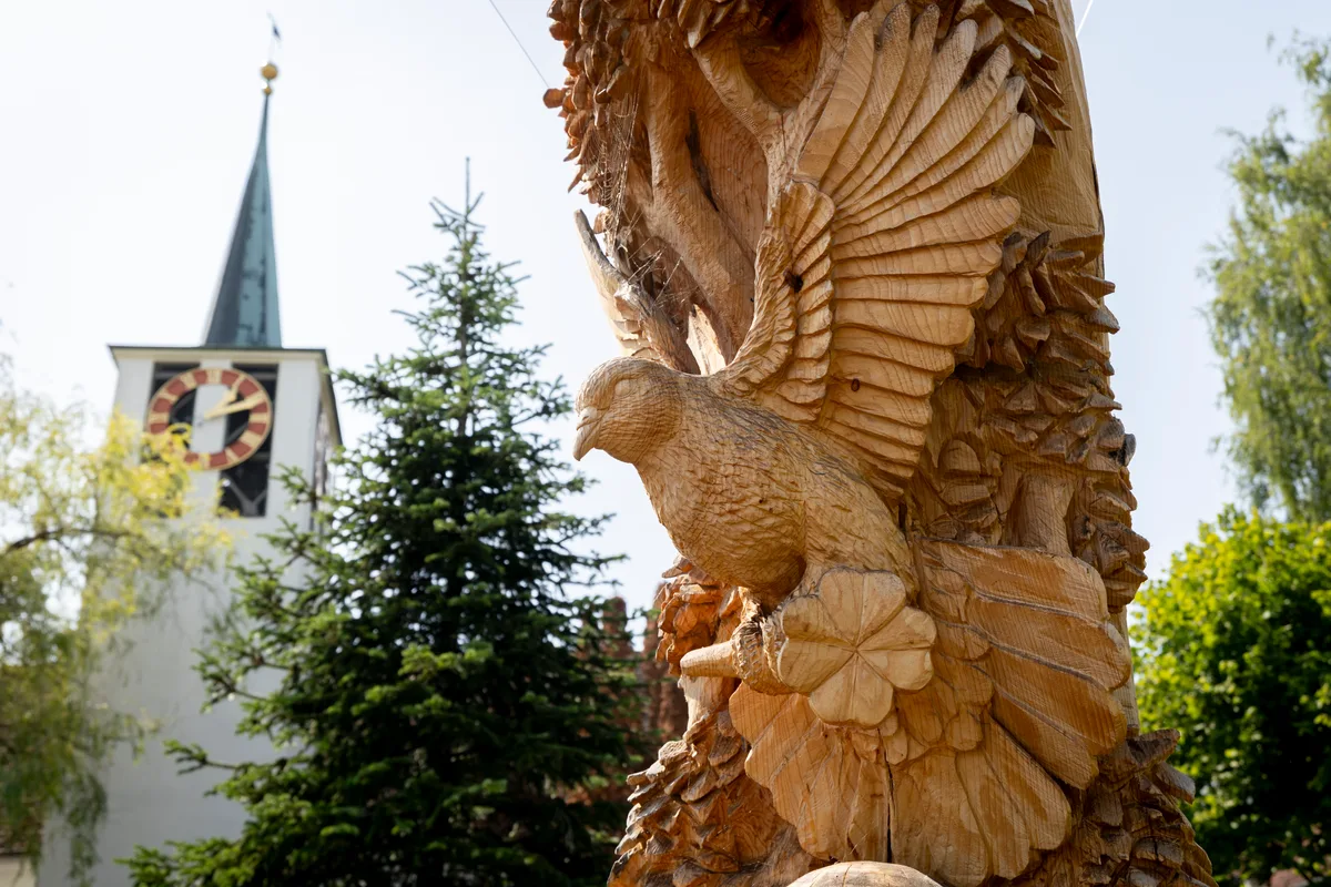 Die Tanne beim Fällander Sternenkreisel musste gefällt werden, diese Schnitzerei auf dem verbliebenen Stamm erinnert an den imposanten Baum. Filigrane Schnitzerei mit Naturmotiven.