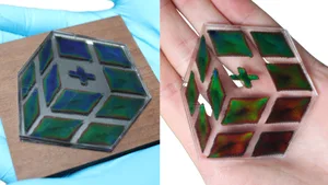 Das 3D-gedruckte Empa-Logo aus der neuartigen Cellulose-Tinte wechselt die Farbe, wenn es sich erwärmt. Das 3D-gedruckte Empa-Logo aus der neuartigen Cellulose-Tinte wechselt die Farbe, wenn es sich erwärmt.
