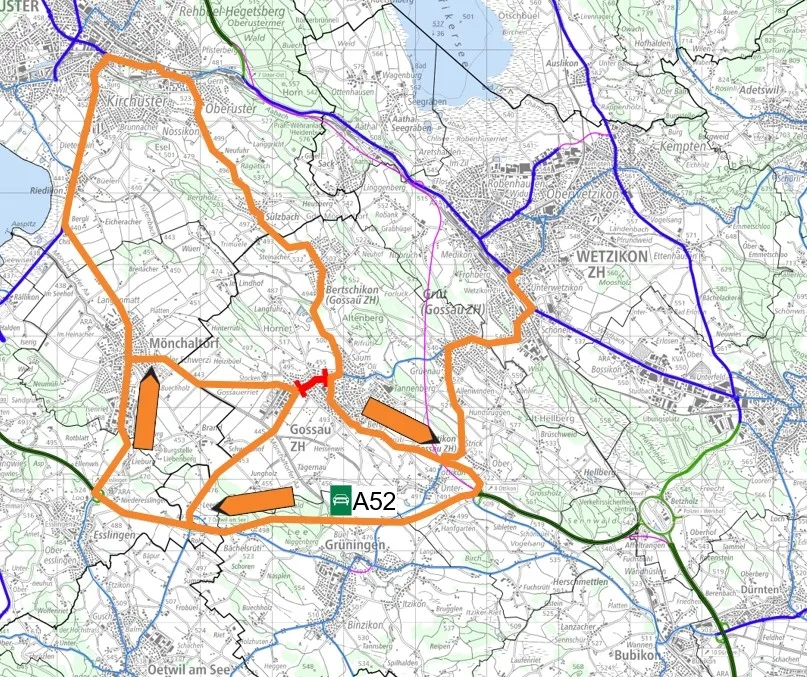 noneDie orange markierten Strecken werden als Umfahrungen dienen, während die rot markierte Grütstrasse nur in Teilen befahrbar sein wird. Man sieht eine Karte.