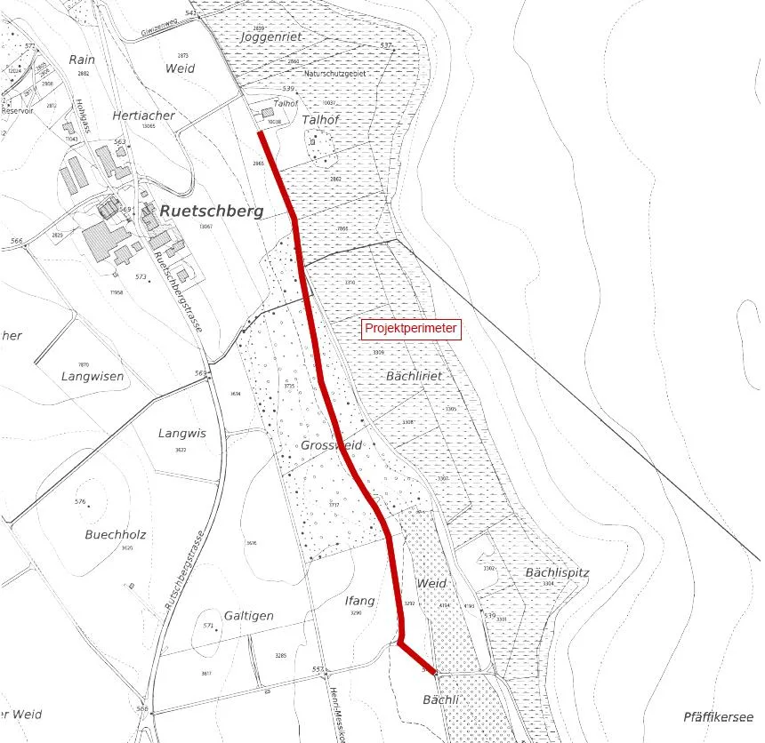 Neu wird eine Veloroute durch den Wald geführt, um den Verkehr zu entflechten. Eine Grafik mit rot markierter Wegweisung.