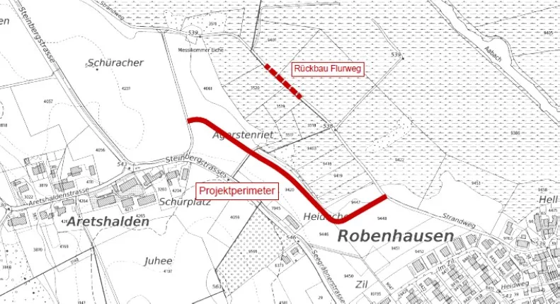 Der Strandweg im Moor wird Stück für Stück zurückgebaut und mit Abschrankungen gesichert. Eine Grafik mit rot markierter Wegweisung.