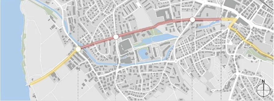 Ein Übersichtsplan der Komfortroute: Im roten Bereich wird jetzt gebaut. Man sieht einen Plan der Stadt Uster mit der neuen Velo-Komfortroute.