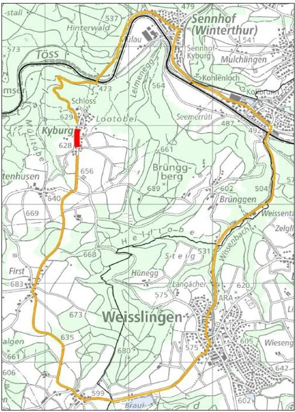 Während der Bauarbeiten muss die Allmendstrasse grossräumig umfahren werden. Man sieht einen Plan der Umfahrung während der Bauarbeiten bei der Kyburg.