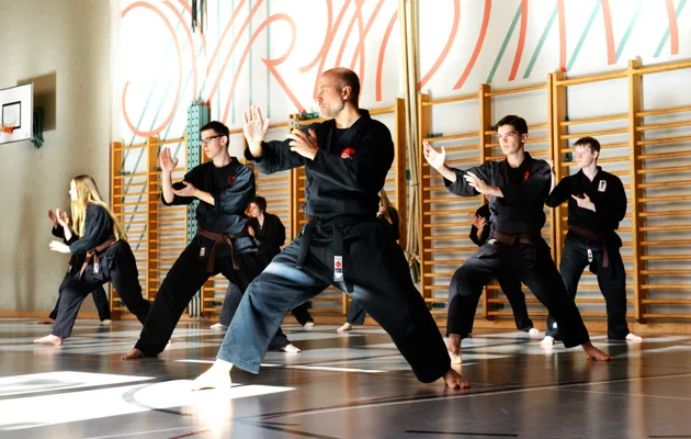 Man sieht Menschen, die Karate machen.