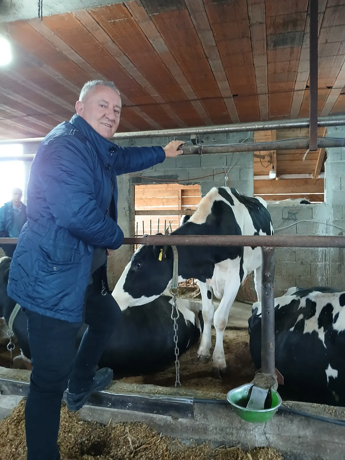 Sali Golaj montiert in Ställen Melksyteme, von denen hier die Leitungen zu sehen sind. Mann im Stall