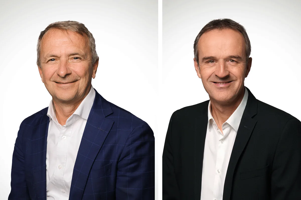 Markus Angst (links) und Bruno Schaerli ergänzen den Verwaltungsrat der Bank BSU. Porträtbild von Markus Angst und Bruno Schaerli. Beide tragen ein dunkles Sakko und ein offenes weisses Hemd.