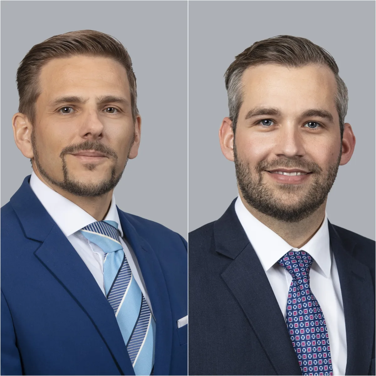 Bildkombo mit den Porträts zweier junger Männer im Business Look.