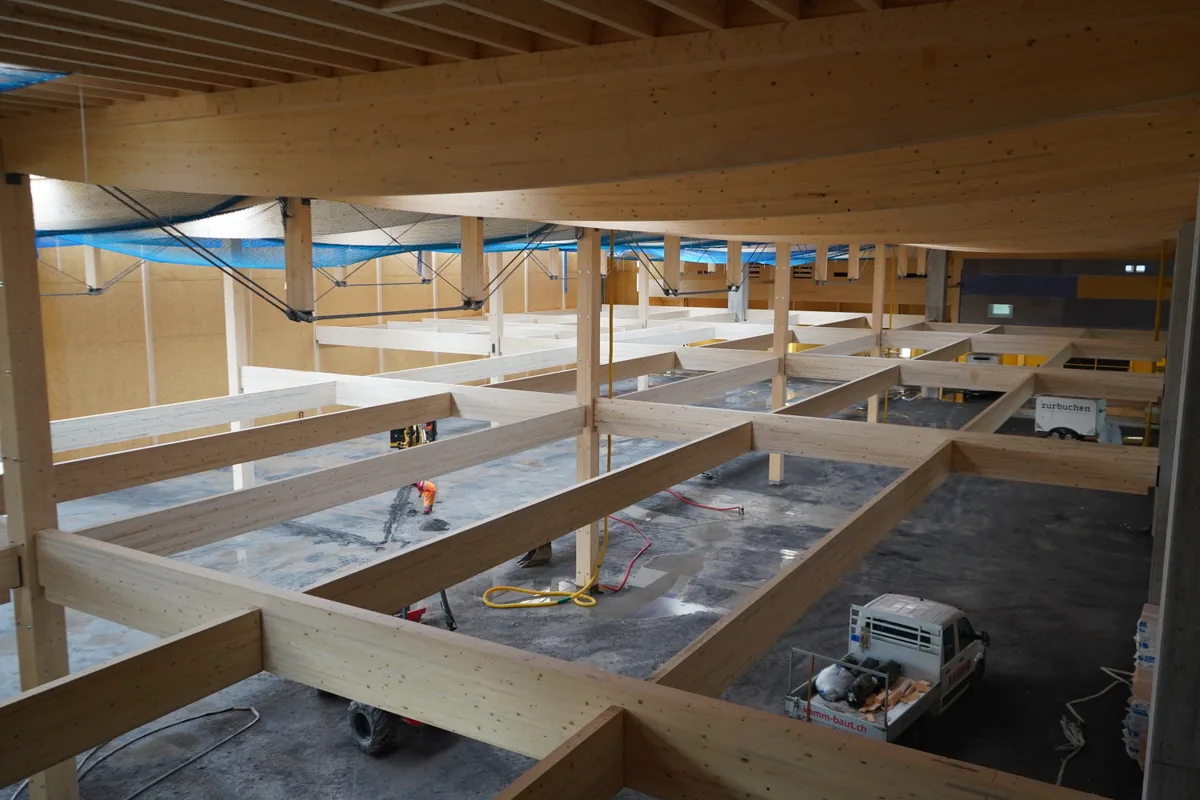 Blick in eine industrielle Produktionshalle im Rohbau. Die Hallenkonstruktion ist aus Holz.