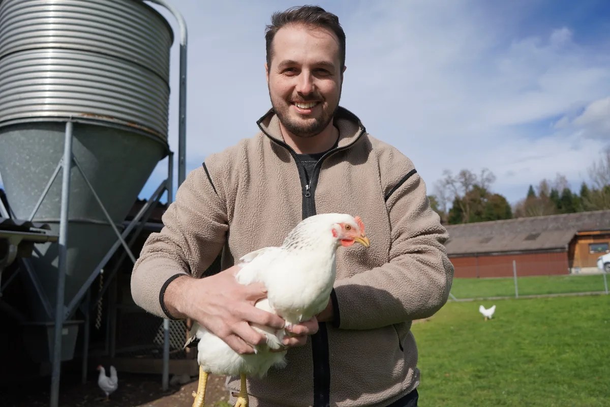 Zahir Dermaku mit einem weissen Lohmann-Huhn. Die Rasse legt rund 300 Eier im Jahr.