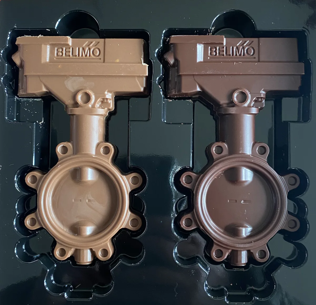 An der Medien- und Finanzanalystenkonferenz von Belimo gab es eine süsse Überraschung: die neu entwickelte Regelklappe aus Schokolade. Zwei Regelklappen von Belimo in Schokolade gegossen.