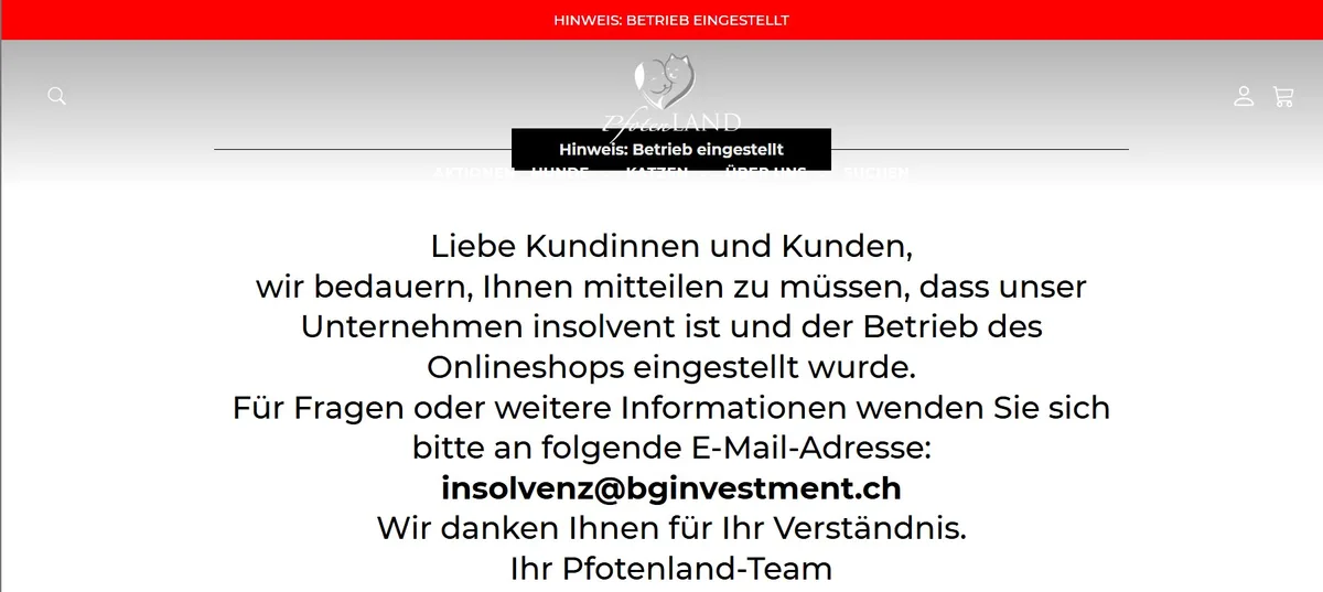 Screenshot der Website pfotenland.ch. Es steht, dass der Betrieb eingestellt wurde.
