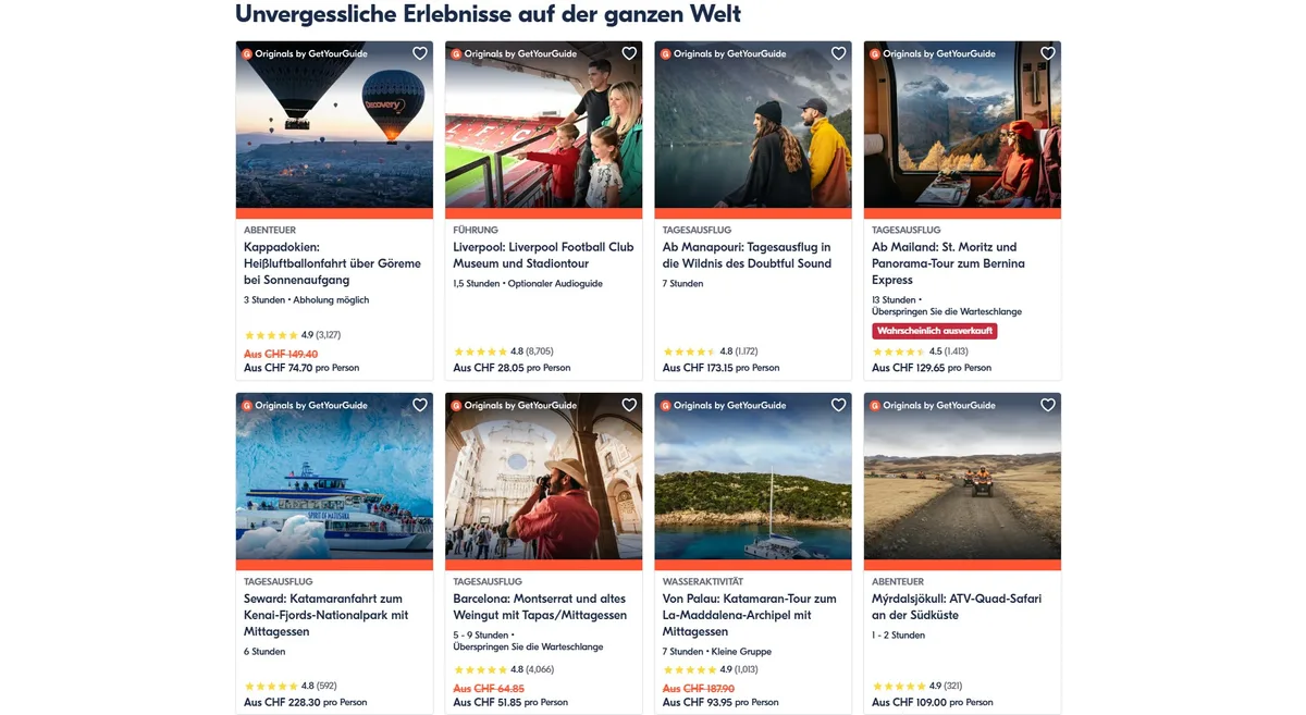 Screenshot der Website Getyourguide. Man sieht eine Auswahl an touristischen Aktivitäten.