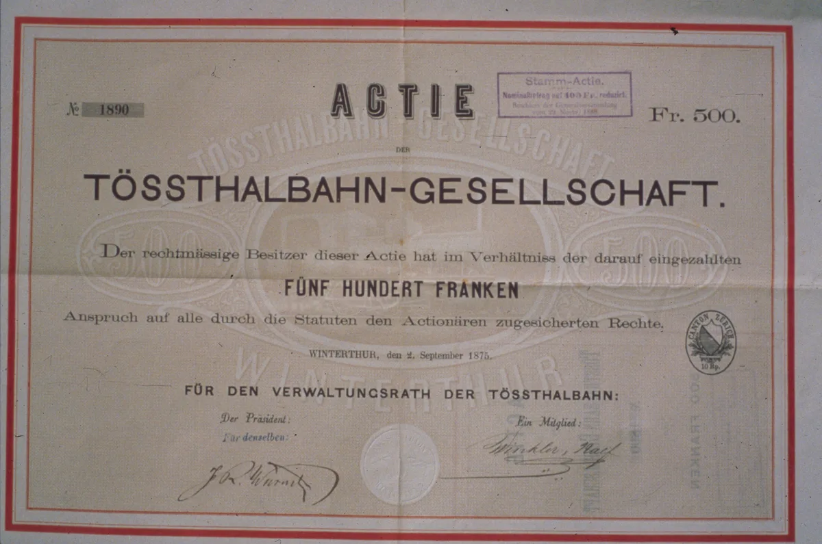 Man sieht eine Aktie der Tösstalbahn von 1875.