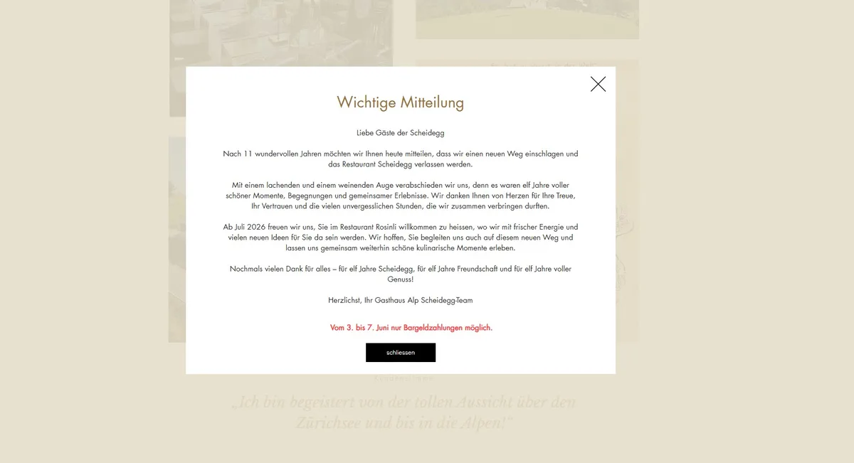 Das Wirtepaar Aco und Sanela Rastoder hatte eine gute Zeit im Gasthaus Alp Scheidegg. Man sieht eine Mitteilung auf einer Website.