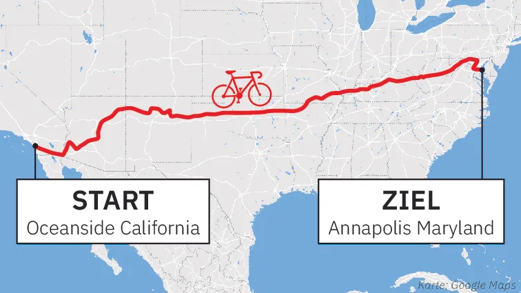 Rund 5000 Kilometer liegen zwischen dem Startpunkt an der Westküste und dem Ziel im Osten der USA. RAAM
