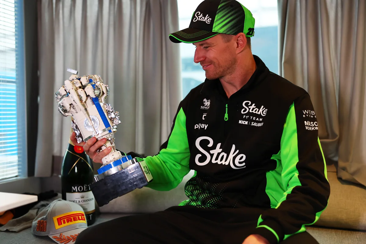 NORTHAMPTON, ENGLAND - JULY 06: Third placed Nico Hulkenberg of Germany and Stake F1 Team Kick Sauber celebrates with his trophy after the F1 Grand Prix of Great Britain at Silverstone Circuit on July 06, 2025 in Northampton, England. (Photo by Andy Hone/LAT Images)