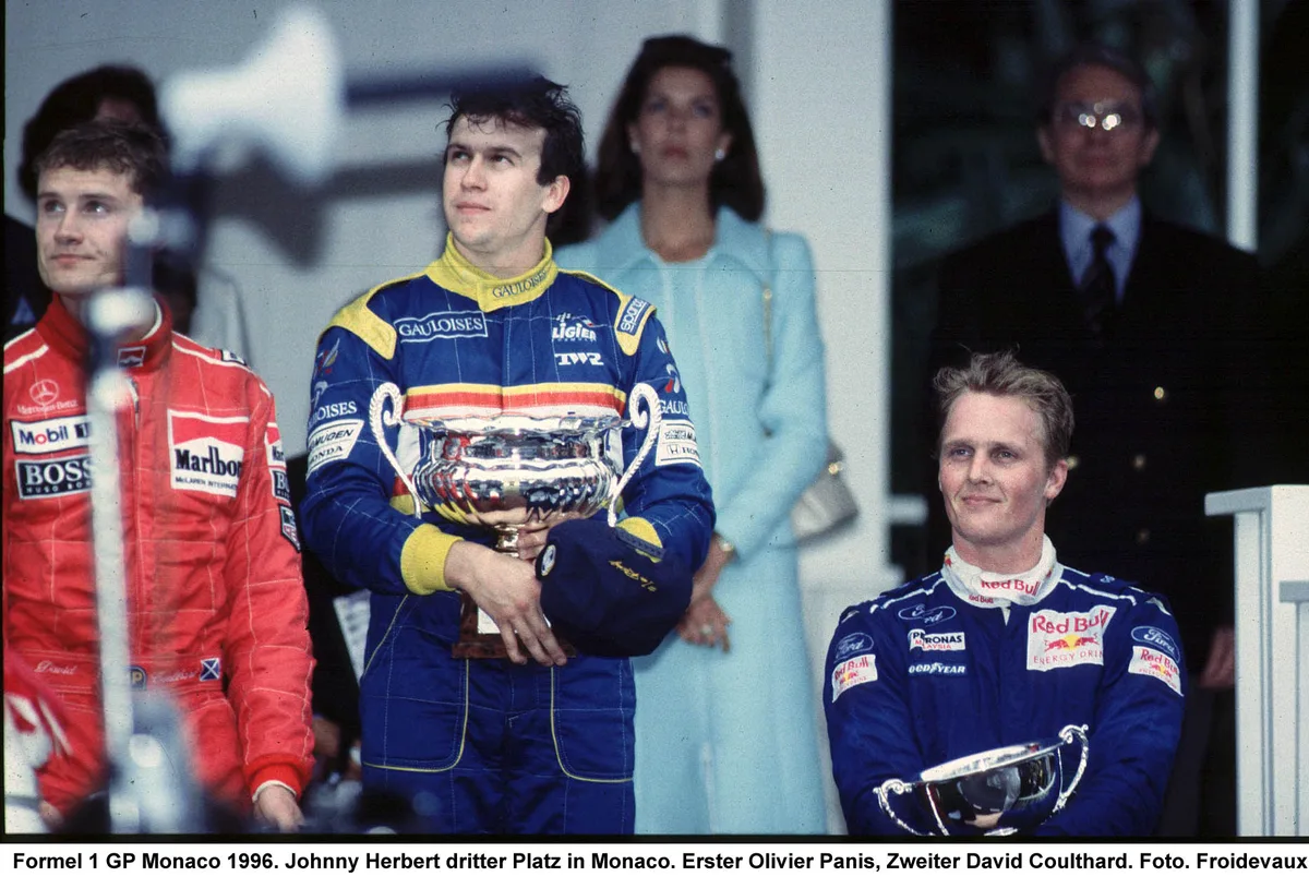 Monaco 1996 Podest, David Coulthard, Olivier Panis, Johnny Herbert