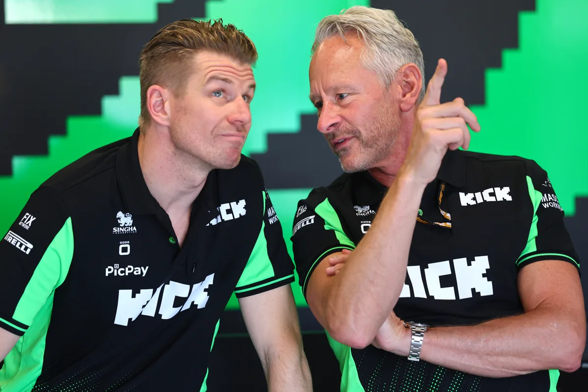 Nico Hulkenberg of Germany and Stake F1 Team Kick Sauber and Jonathan Wheatley, Team Principal of Stake F1 Team Kick Sauber in the garage prior to the F1 Grand Prix of Spain at Circuit de Barcelona-Catalunya on June 01, 2025 in Barcelona, Spain. 