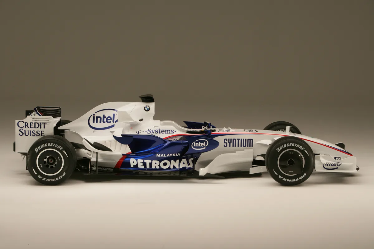 Monday 14th January 2008 BMW Welt, Munich, Germany. The Launch of the BMW Sauber F1.08. The new BMW Sauber F1.08. Viewed from the side. 