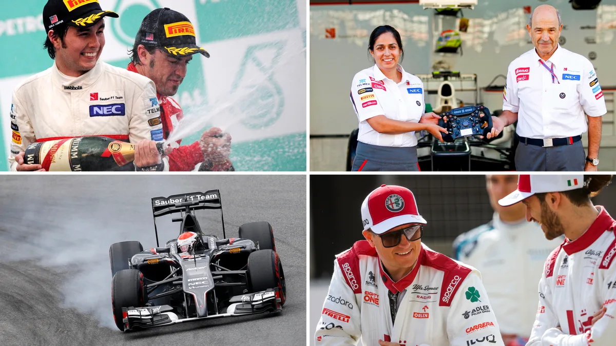 Sergio Perez auf dem Podest in Malaysia 2012 (oben links), Monisha Kaltenborn und Peter Sauber 2012 (oben rechts), Adrian Sutil 2014 im C33 (unten links), Kimi Räikkönen vor der Saison 2021 (unten rechts) Sergio Perez auf dem Podest in Malaysia 2012 (oben links), Monisha Kaltenborn und Peter Sauber 2012 (oben rechts), Adrian Sutil 2014 im C33 (unten links), Kimi Räikkönen vor der Saison 2021 (unten rechts)