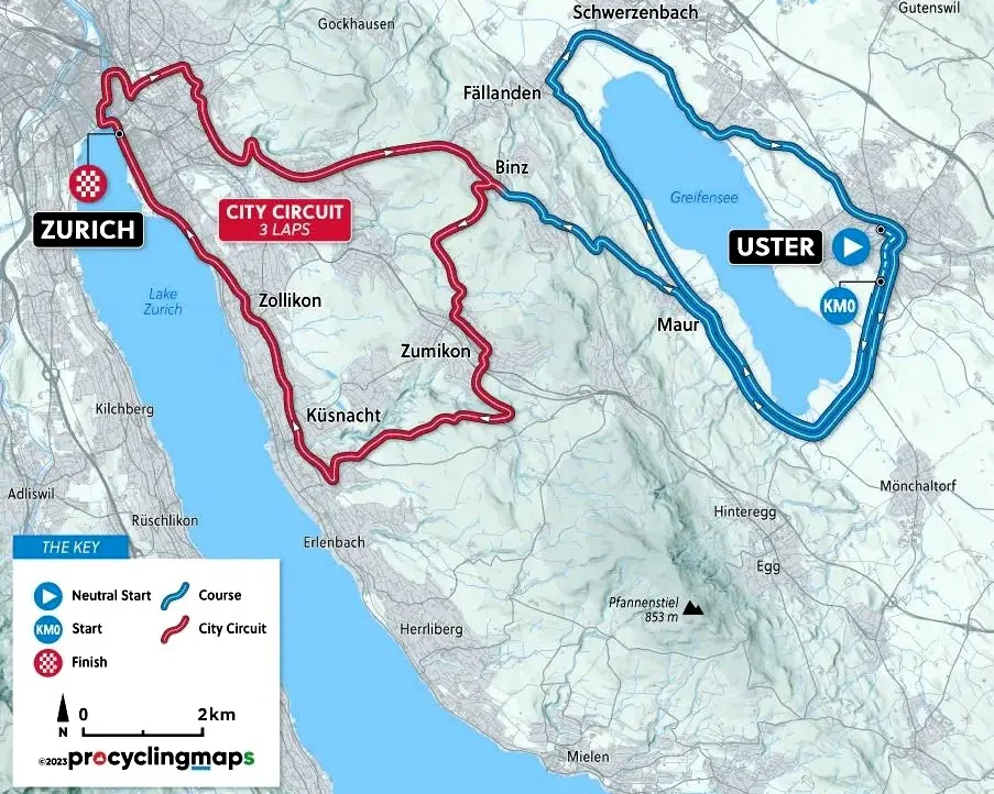 Der Verlauf der Rennstrecke mit Greifensee Loop (blau) und City Circuit (rot). Rad-WM