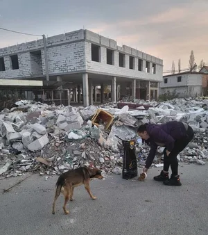 10719491-4 Eine Helferin der Susy Utzinger Stiftung füttert verwaiste Tiere in den Ruinen Shirokoye in der Ukraine.