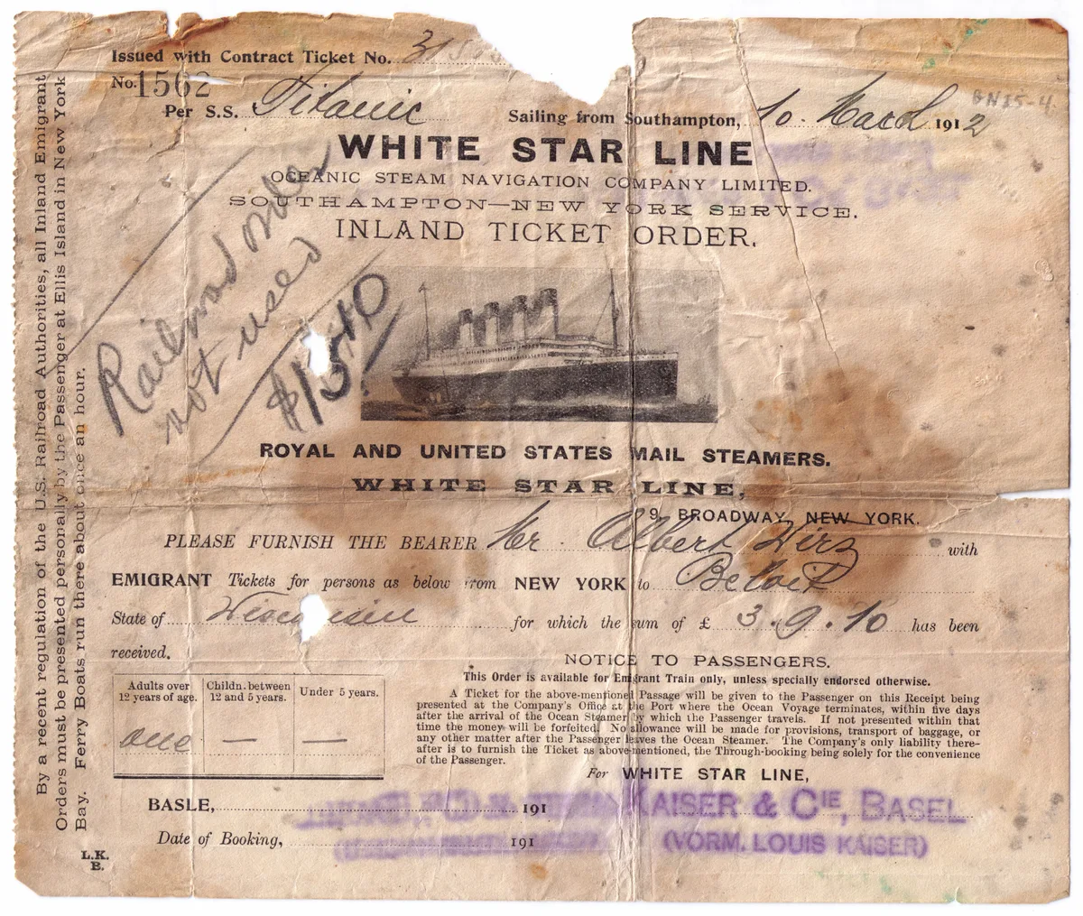 Der Ticketbeleg für die Reise ins tragische Unglück. Albert Wirz aus Uster kam beim Untergang der Titanic ums Leben. Einige Überbleibsel wurden von ihm gefunden.