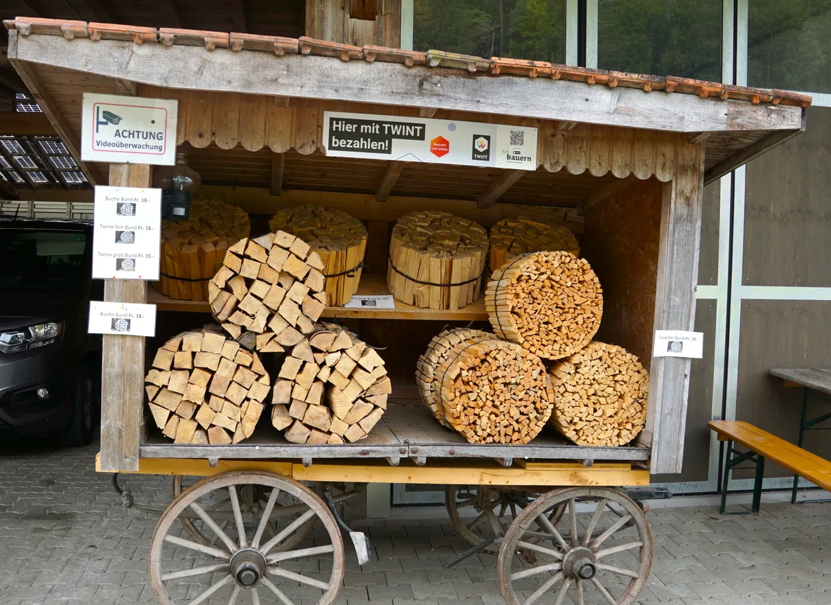 Man sieht einen alten Holzwagen gefüllt mit Holzscheiten.