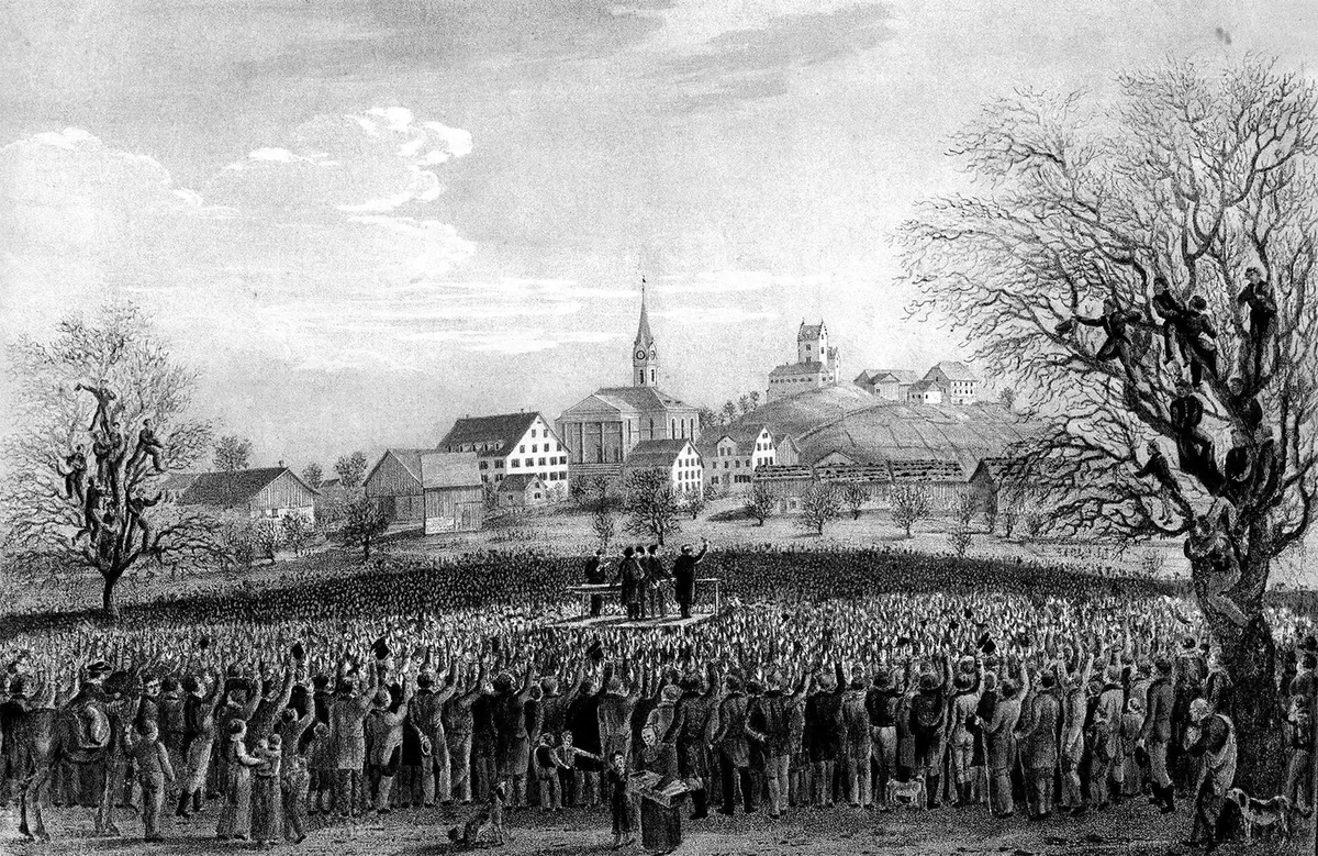 Eine grosse Zahl von Männern erhebt die Hand auf einem zeitgenössischen Bild vom Ustertag 1830.