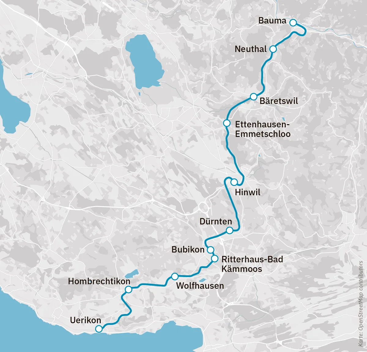 So verlief die Uerikon-Bauma-Bahn vom Zürichsee bis ins Tösstal. Man sieht eine Karte, auf der eine Eisenbahnstrecke eingezeichnet ist.