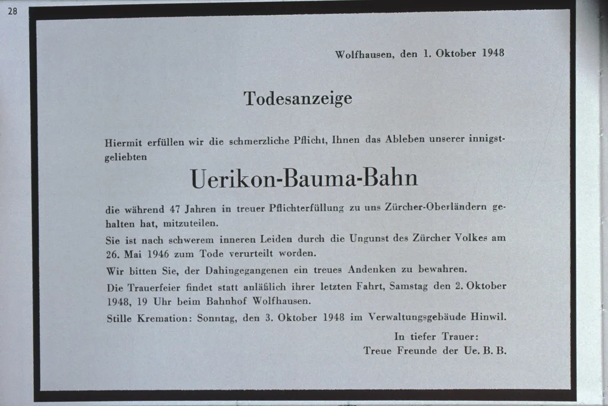 … folgte die Todesanzeige der Bahnlinie. Sie erschien nicht nur in der Zeitung, sondern war auch als Separatdruck erhältlich. CREATOR: gd-jpeg v1.0 (using IJG JPEG v62), quality = 95