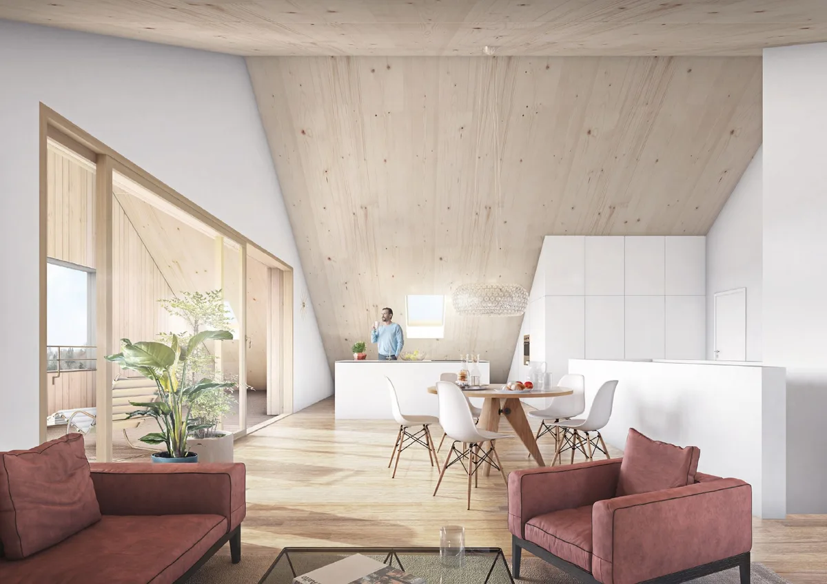 Man sieht eine Wohnung von innen mit einem Schrägdach aus Holz.