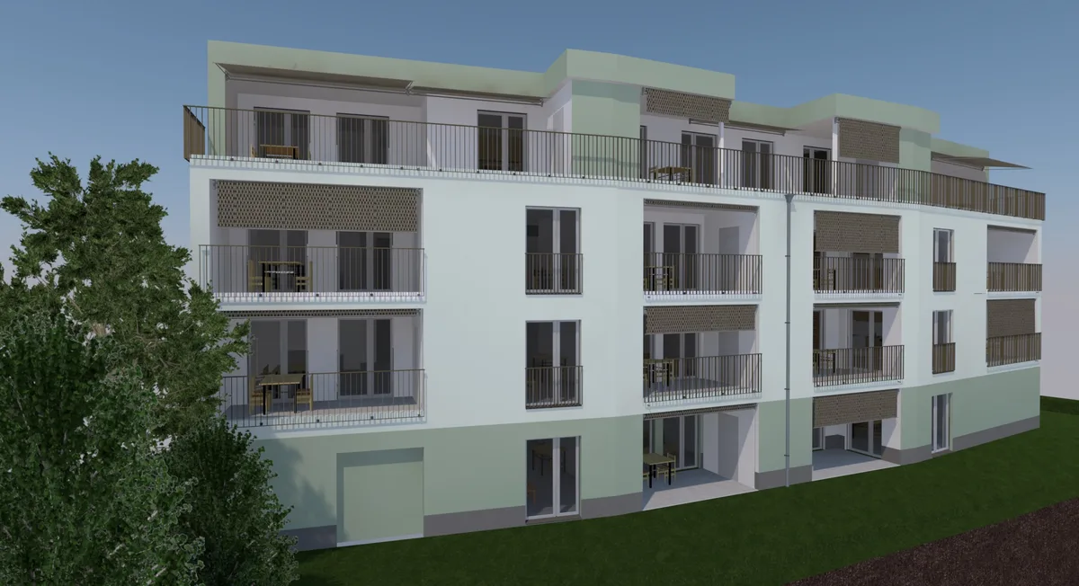 Man sieht eine Visualisierung eines Wohnblocks von Süden.