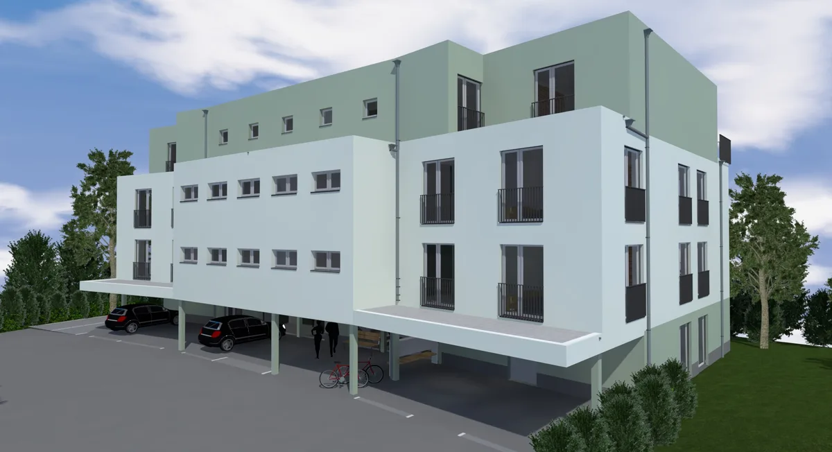 Man sieht eine Visualisierung eines Wohnblocks von der Strasse her.