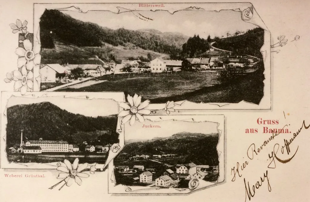 Man sieht eine Ansichtskarte aus dem Jahr 1905, die Blitterswil, Juckern und die Fabrik Grünthal zeigt.