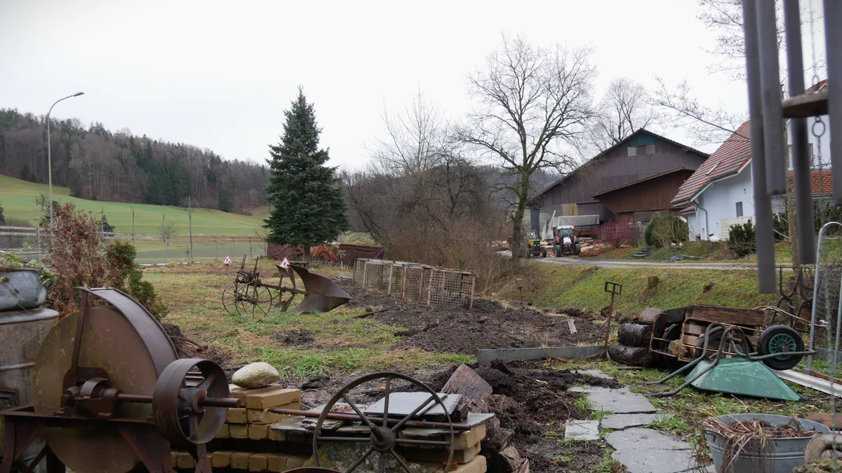 Garten mit herumliegenden Gegenständen.