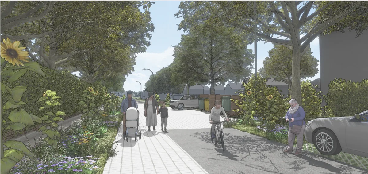 Auf der begrünten Quartierstrasse sollen sich verschiedene Grünflächen und Strassenbeläge abwechseln – Parkplätze wird es weiterhin geben. Auf der begrünten Quartierstrasse sollen sich verschiedene Grünflächen und Strassenbeläge abwechseln – Parkplätze wird es weiterhin geben.