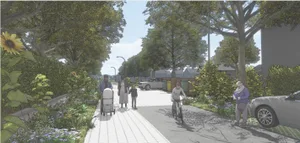 Auf der begrünten Quartierstrasse sollen sich verschiedene Grünflächen und Strassenbeläge abwechseln – Parkplätze wird es weiterhin geben. Auf der begrünten Quartierstrasse sollen sich verschiedene Grünflächen und Strassenbeläge abwechseln – Parkplätze wird es weiterhin geben.