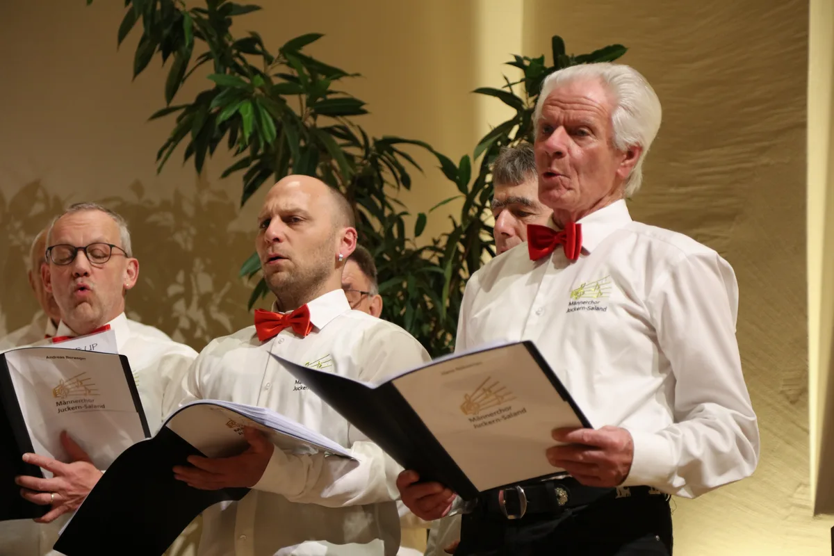 Die Sänger waren alle hoch konzentriert und achteten darauf, keinen Einsatz zu verpassen. Frühlingskonzert Männerchor Juckern-Saland begleitet vom Triqueta Celtic Music Ensemble.