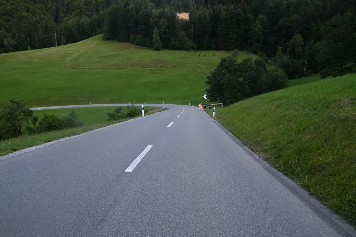 Die Strasse auf den Hulftegg-Pass. Die Strasse macht eine Linkskurve, dahinter sieht man grüne Weiden und Wald.
