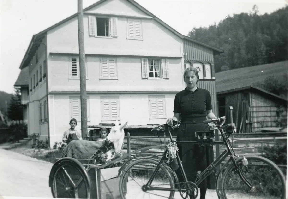 Die Aufnahme zeigt Nelly Bühler etwa 1940 vor dem Laden. Eine ihrer Ziegen hat sie mit dem Velo mitgenommen. schwarz-weiss Foto einer Frau mit einer Ziege auf dem Anhänger ihres Velos