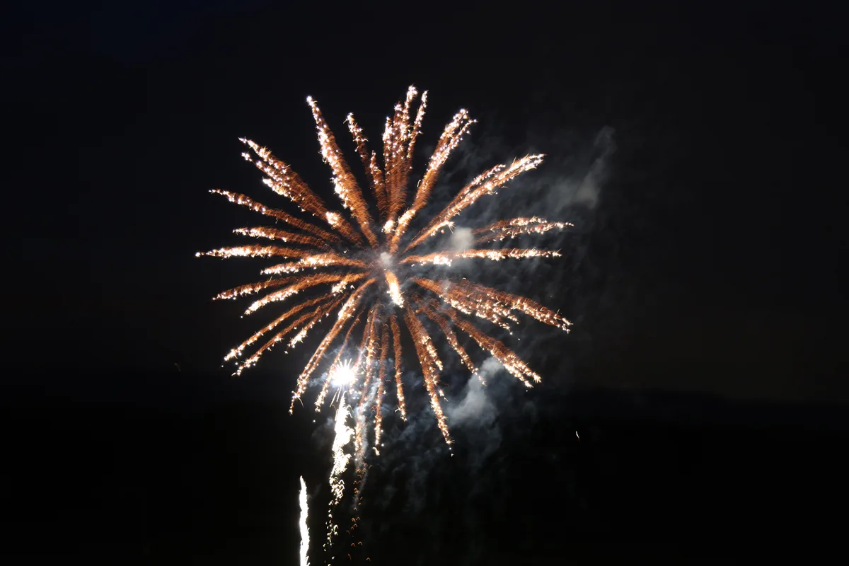 Man sieht Feuerwerk am Nachthimmel.