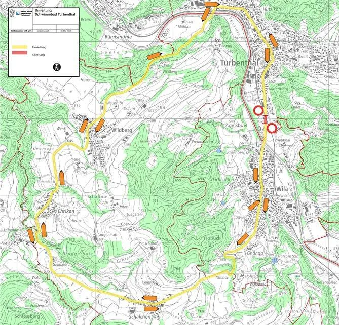 Vom 11. bis 14. Juni bleibt der Bahnübergang beim Schwimmbad Neugut gesperrt. Eine Umleitung über Wildberg ist signalisiert. Man sieht eine Karte mit der Sperrung eine Bahnübergang.