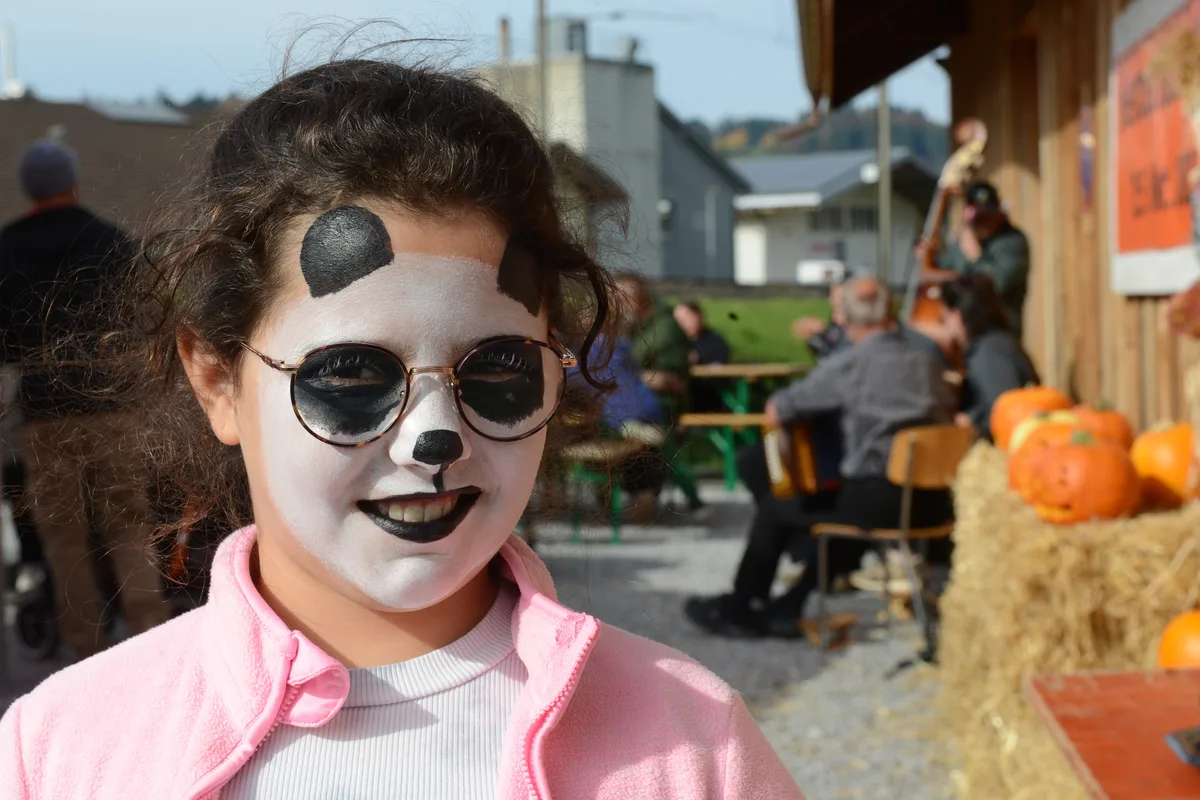Man sieht ein Mädchen, das als Panda geschminkt ist.