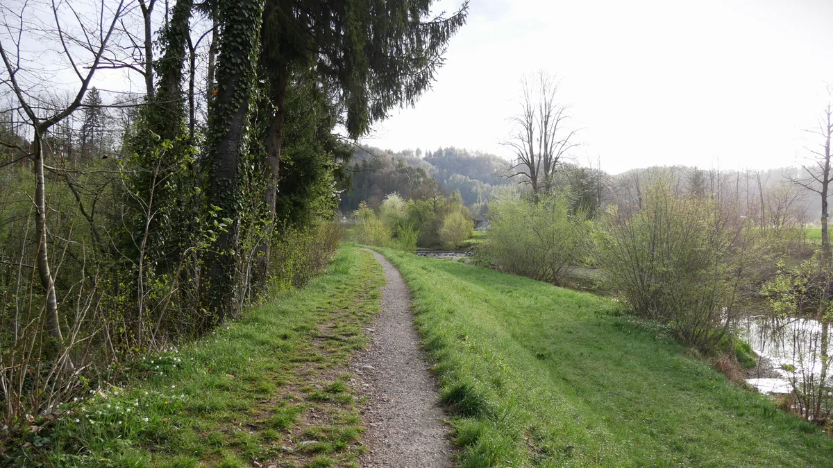 Man sieht ein Gewässer und einen Uferweg.